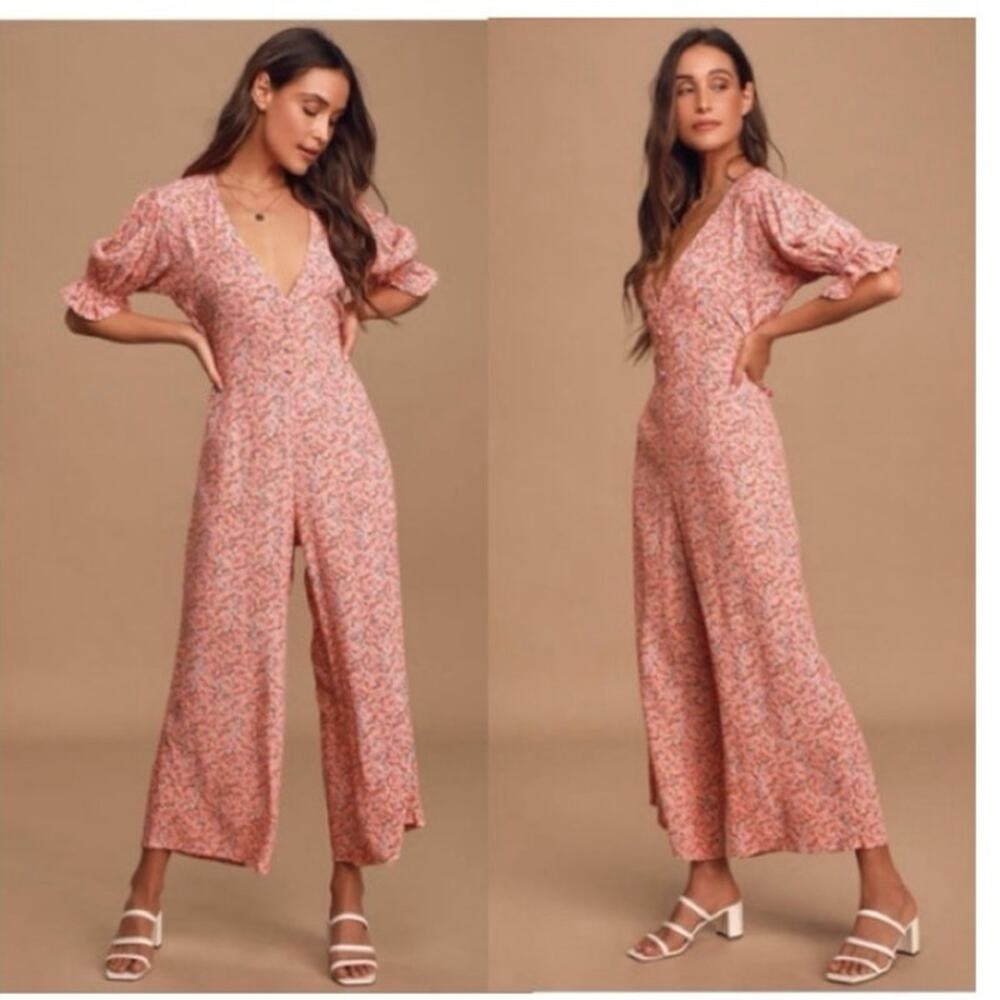 Faithfull the Brand Anika Jumpsuit Mathiola Floral Puff Sleeve Wide Leg US 6